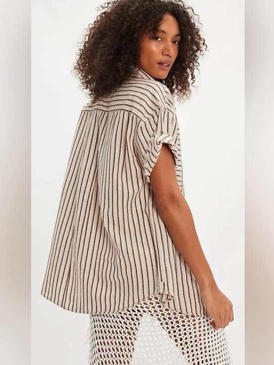 Striped Short-Sleeve Button Front Top in Beige - Picture 4 of 7